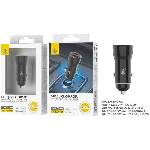 JC NA0256 BLACK / CARGADOR DE VEH&Iacute;CULO USB-C / USB-A 20W